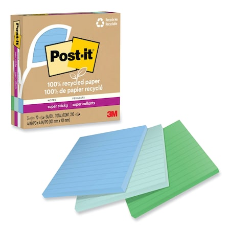 Post-It Recycled Paper Super Sticky Notes, Ruled, 4 in. x 4 in., Oasis, 70 Sheets/Pad, 3PK 70007079943